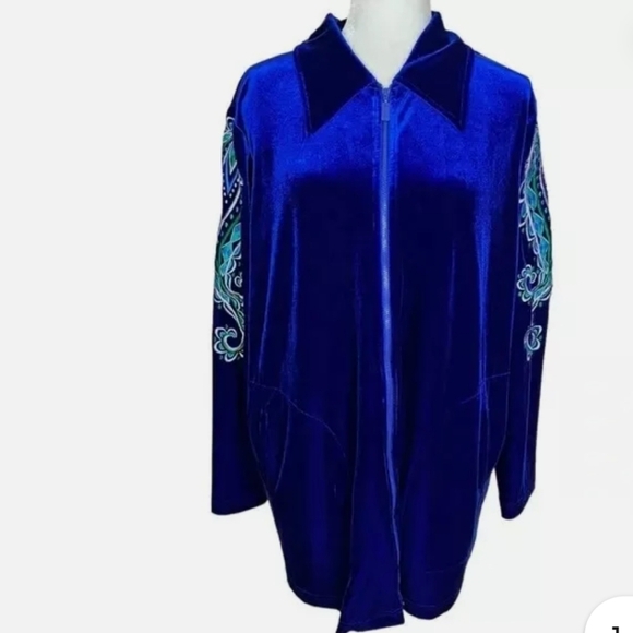 BOB MACKIE Vtg Royal Blue Velvet Peacock Whimsigoth Fairycore Zip Jacket Sz L - Picture 5 of 10
